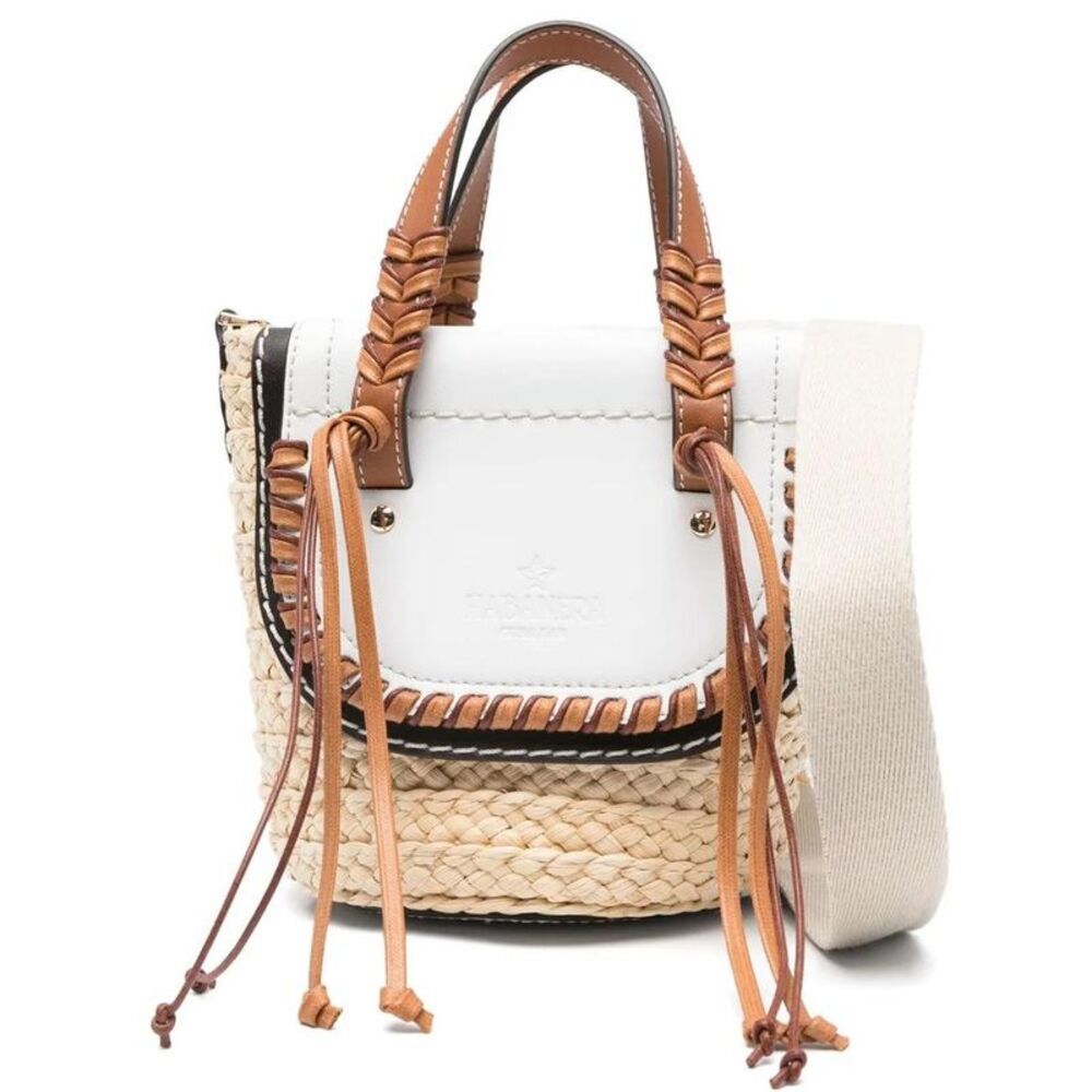 CUBA LAB Woven Straw Tote Bag with Leather Trim Women WHITE Handbags